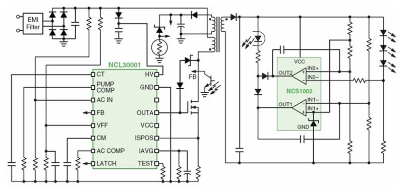 图4：基于NCL30001的40-150 W AC-DC LED照明方案