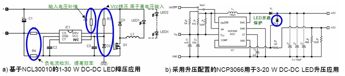 图6：基于NCL30010的1-30 W LED降压应用和基于NCP3066的3-20 W LED升压应用