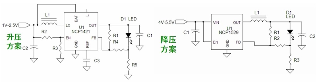 图7：基于NCP1421的升压型和基于NCP1529的降压型1-3 W手电筒LED应用