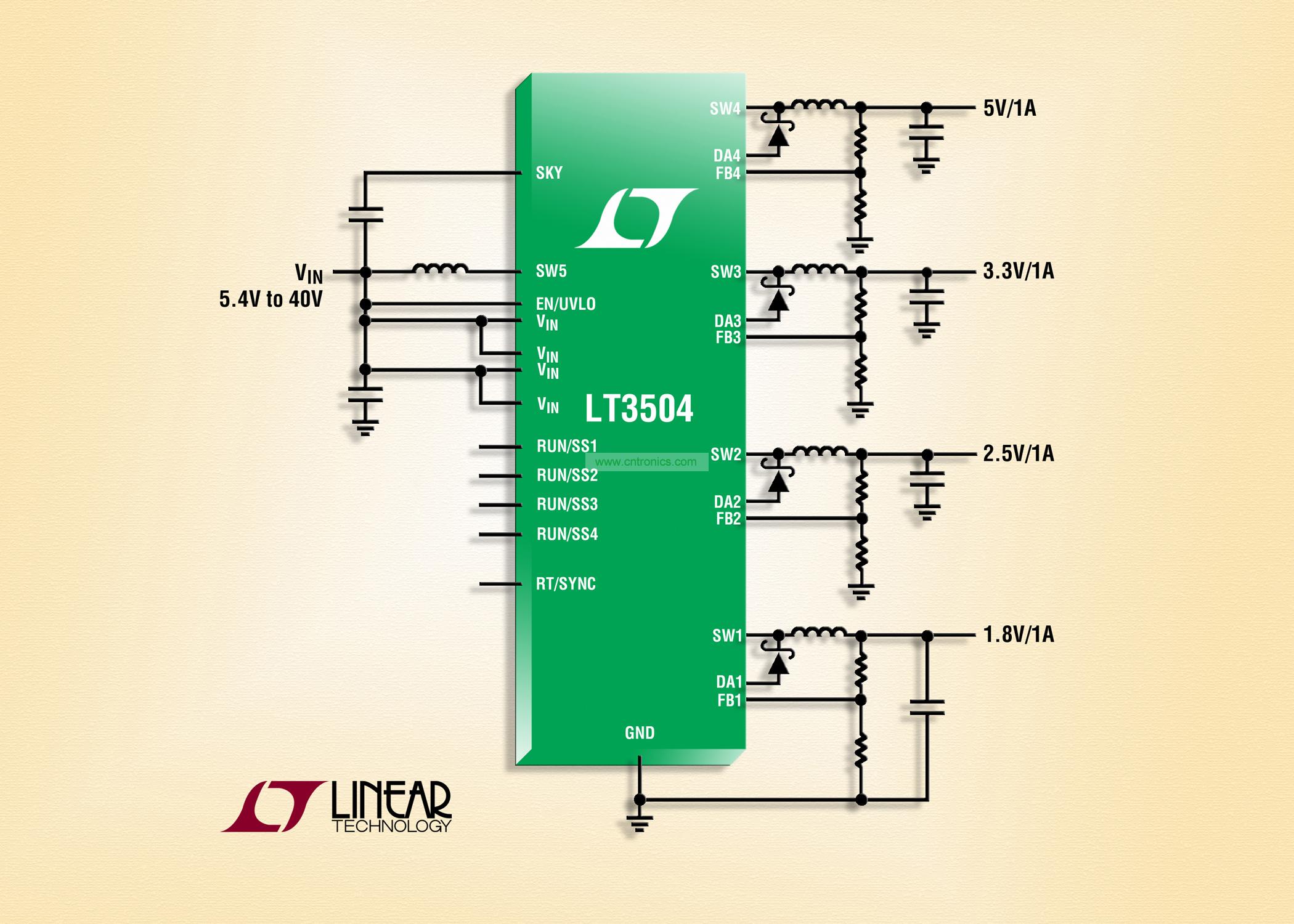 40V、4 通道 1A (IOUT)、2.2MHz 降压型 DC/DC 转换器
