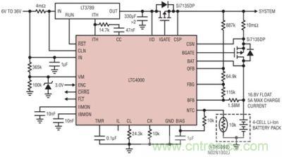 LTC4000 和 LTC3789：6V 至 36VIN、4 节 5A 锂离子电池充电器