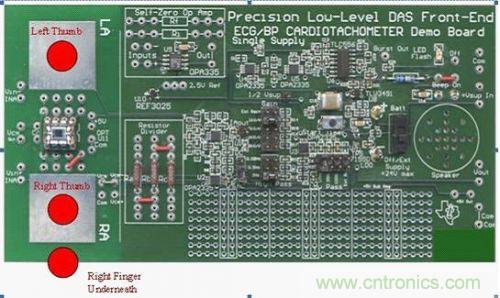 精密型低电平 ECG 心率计电路板的正面图