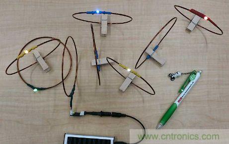 用来验证“直流共振方式”的试制系统。在线圈间传输电力，点亮LED