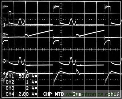 图1电路所示的开关波形。（通道1是T1（即引脚12）的初级开关电压；2号通道是进入Q1漏极的初级开关电路（10A/格）；通道3是T1（即引脚2）的次级开关电压（200V/格）；4号通道是R3两端的电压）