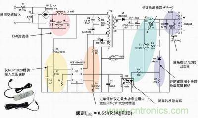 安森美半导体离线式第二代LED驱动器NCP1014/1028的应用示意图。