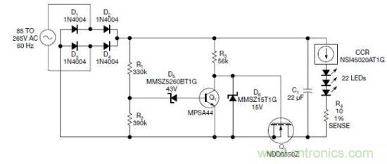 图1：电路以恒流驱动一串LED，可用于全世界的各种交流电压