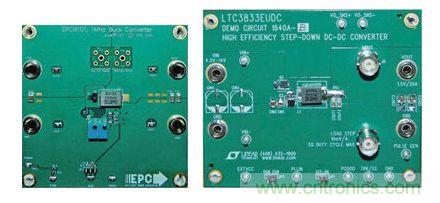 图2：在低压降压转换器使用EPC9101及经过修改的DC1640A-B演示板的比较