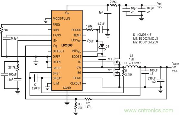 图9：高效率电源，12V输入至5V/25A输出