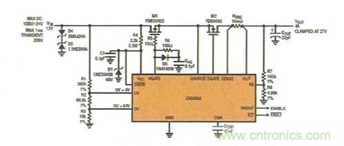 图2：具反向电流保护功能的浪涌抑制器可在 VIN上承受 200V/-24V 瞬态电压