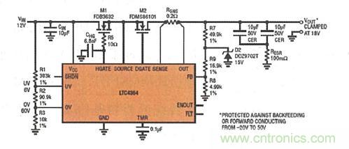 图8：LTC4364 提供了针对过压、短路或反向电压的内置输出端口?；すδ? width=