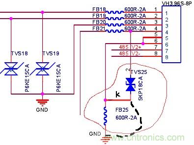 保护器件对地的通路上不要有其他器件