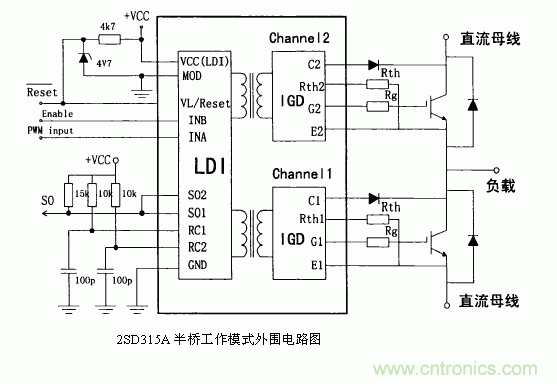 解读各种IGBT驱动电路和IGBT?；し椒? /></div>
<br />
驱动?？榈哪Ｊ窖≡穸薓OD外接+15V电源，输入引脚RC1和RC2接地，为直接工作模式。逻辑控制电平采用+15V，信号输入管脚InA、InB连 接在一起接收来自单片机的脉冲信号，进行同步控制。2SD315A的SO1和SO2两只管脚外接三极管和光耦用来向单片机输出两输出通道的 工作状态，其输出端结构皆为集电极开路输出，可以通过外接上拉电阻以适用于各种电平逻辑。在管脚SO1、SO2和电源之间，以及VisoX 和LSX之间加发光二极管进行故障指示。正常情况下SO1和SO2输出皆为高电平，上电后D3和D4先亮，延时几秒后熄灭，同时D8和D15发亮。 <br />
<br />
当检测到故障信号时，SO1和SO2的输出电平被拉低到地，即D3和D4发亮，同时D8和D15闪烁。2SD315A是通过监测UCE(sat)来判断回路是否 短路和过流，当检测到一路或两路发生过流现象时，检测电路会把异常状态回馈到驱动?？?，驱动?？槟诓炕岵桓龉收闲藕挪⒔?锁存，锁存时间为1s，在这段时间内，驱动模块不再输出信号，而是将两组IGBT及时关断予以?；ぁＭ?，状态输出管脚SO1和SO2的高电平 被拉低，光耦TLP521导通，两路状态信号通过或门74LS32送给单片机。为防止因关断速度太快在IGBT的集电极上产生很高的反电动势，在 门极输出端采用如图3。11所示的电路结构实现开通和关断速度的不同?？ㄊ泵偶缱栉?。4Ω，关断时电阻为6。8Ω，二极管采用快恢 复型，这样就使关断速度下降到安全水平。这是一张缩略图，点击可放大。按住CTRL，滚动鼠标滚轮可自由缩放<br />
<br />
<strong>IGBT短路失效机理</strong><br />
<br />
IGBT负载短路下的几种后果<br />
<br />
(1) 超过热极限:半导体的本征温度极限为250℃，当结温超过本征温度，器件将丧失阻断能力，IGBT负载短路时，由于短路电流时结温升 高，一旦超过其热极限时，门级?；ひ蚕嘤κА?br />
(2) 电流擎住效应:正常工作电流下，IGBT由于薄层电阻Rs很小，没有电流擎住现象，但在短路状态下，由于短路电流很大，当Rs上的压降 高于0。7V时，使J1正偏，产生电流擎住，门级便失去电压控制。<br />
(3) 关断过电压:为了抑制短路电流，当故障发生时，控制电路立即撤去正门级电压，将IGBT关断，短路电流相应下降。由于短路电流大， 因此，关断中电流下降率很高，在布线电感中将感生很高的电压，尤其是在器件内封装引线电感上的这种感应电压很难抑制，它将使器件 有过电流变为关断过电压而失效<br />
<br />
<strong>IGBT过流?；し椒?/strong><br />
<br />
<strong>(1) 减压法：</strong>是指在故障出现时，降低门级电压。由于短路电流比例于外加正门级电压Ug1，因此在故障时，可将正门级电压降低。<br />
<strong>(2) 切断脉冲方法：</strong>由于在过流时，Uce电压升高，我们利用检测集电极电压的方法来判断是否过流，如果过流，就切断触发脉冲。同时尽 量采用软关断方式，缓解短路电流的下降率，避免产生过电压造成对IGBT的损坏<br /><div><a  target=