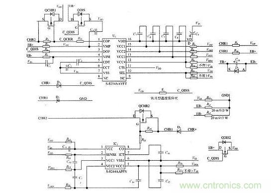图1为四节电池串联使用时的保护系统原理图