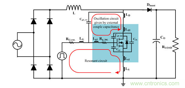 包含功率MOSFET内外部寄生元件的PFC电路简图