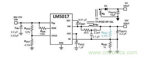 基于 LM5017 的 Fly-Buck 转换器电路，没有基于光耦合器的稳压电路