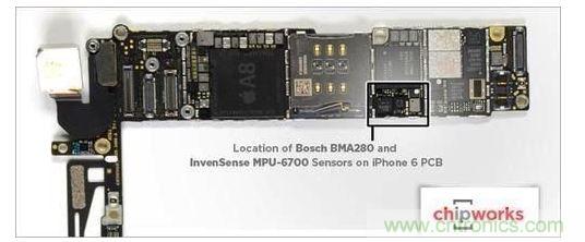 iPhone 6内含1颗InvenSense的六轴陀螺仪-加速度计组合组件，以及1颗Bosch的三轴加速度计BMA280