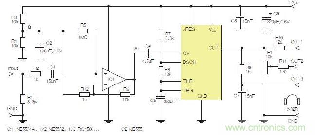 含运算放大器和NE555定时器的耳机和音频线路驱动器。也可以使用CMOS版本(如LMC555)，但输出电流较低。其优点为工作频率较高。