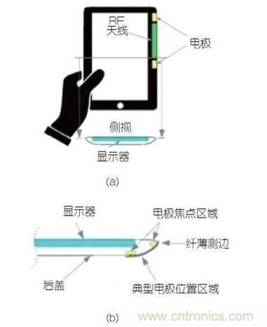 (a)侧剖视图描述；(b)电极焦点区域描述