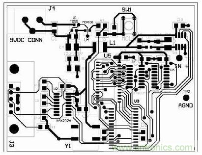 采用自动布线为图3所示电路原理图设计的电路板的底层