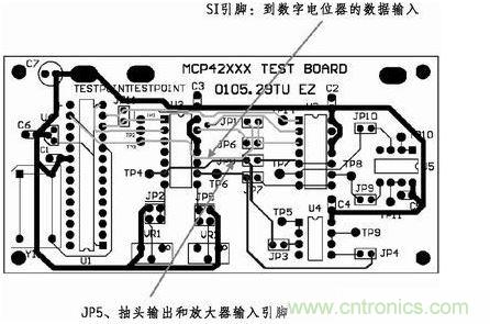 这是对图2所示电路的第一次布线尝试。此配置在模拟线路上产生不规律的噪声，这是因为在特定数字走线上的数据输入码随着数字电位器的编程需求而改变。