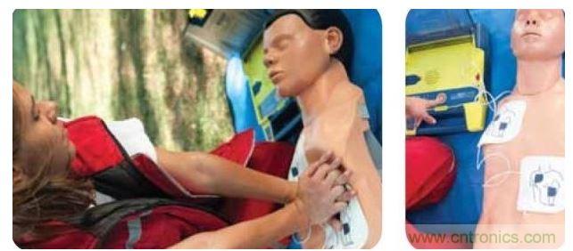胸部按压CPR(左图)迫使血液循环，为大脑及其它生命器官供血，直到AED重启心脏(右图)。