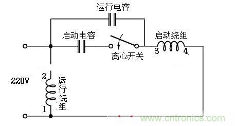 电容启动运转型接线电路(双值电容器)