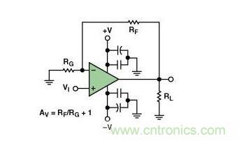 典型的运算放大器电路，(a)原设计图，(b)考虑寄生效应后的图