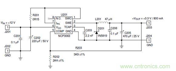 Buck电路应用实例-输入9～12V，输出3.3V 800mA电路