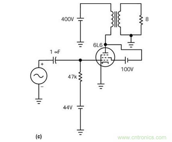 五极管（a）能输出比三极管（b）大得多的功率，但采用升压三极管配置除外（c）