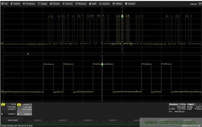 使用CustomDSO运行VB脚本“zoom_Track.lss”。当脚本运行时，缩放波形的中心将跟踪水平的光标绝对位置。从图中可以看出，光标将永远位于缩放波形Z1的中心