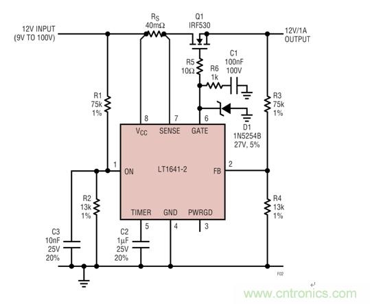 过压瞬态保护器将输出箝位在24V左右，如果输入降至低于9V就断接