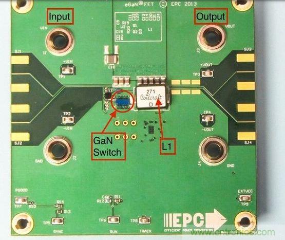 演示板用于显示GaN的EMI。该GaN组件被圈定，我会在L1左侧测量切换的波形。