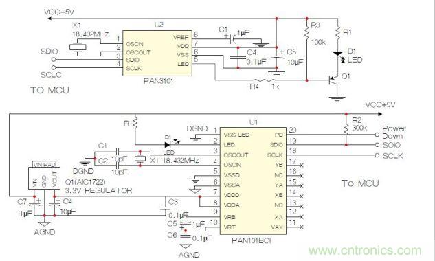SPI接口的原理图示例。