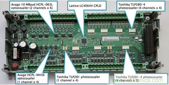 图2：Rockwell选择光耦作为Micro850 PLC的数字I/O电路板上的设备输入和输出端的核心隔离策略。
