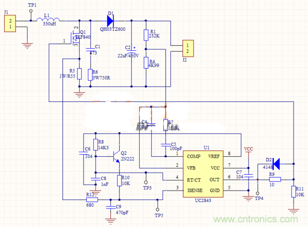 升压芯片UC2843为什么不能正常工作？