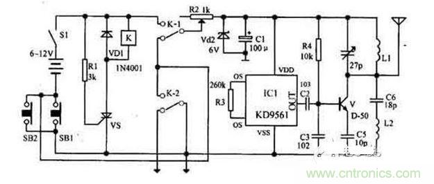 【导读】随着环保意识的增强，电动车已大量进入我们家庭，成为部分人必不可少的交通工具。如何防止电动车被盗则是车主十分关心的问题，为此，出现了各类电动车防盗锁。除此之外呢？还有什么好的方法防盗呢？我们为大家介绍一款电动车防盗报警器电路图。  各类电动车防盗锁大量涌出，但是，电动车被盗现象仍层出不穷，较高级的电动车防盗锁在短时间内难以破坏，盗贼便将电动车搬上其它车辆上盗走，这样，再高级的防盗锁也显得无能为力了。鉴于此，我们为大家介绍一款电动车防盗报警器电路图。 1 报警器发射机部分是由继电器K和可控硅VS用来控制发射机电路的电源。IC1组成警声信号电路。晶体管V及其外围元件组成射频振荡电路，发射报警信号。  在等待状态时，开关S1接通，而SB1断开（即车头锁被锁?。?，K就处在释放状态，报警发射机不工作。当车头锁被打开时（即SB1接通），VS被触发导通，K吸合，接通发射机电源。SB1接通后，K-2的?？憬渥运耸敝挥卸峡猄1报警方能结束。在K动作时，其常闭触点K-l断开，切断发动机点火电路。  接收机电路由TDA7010和开关功放TWH8778、TWH68组成。当IC2 收到报警信号时其互脚的高电平通过IC3经IC4放大由TWH15放出报警声。但要考虑到频率的稳定性，因为7010自身没有频率稳定电路，在工作时要多作检测，最好用印制板和贴片元件。  按上述操作方法停放车辆后，报警器即进入待报警状态。在待报警期间，只要有人无论用什么方法打开车头锁或搬移车辆，都将触发报警器报警不停，并切断发动机电源使车辆无法起动，直至车主人赶来将点火钥匙插入点火锁内转到关的位置，报警才能解除。