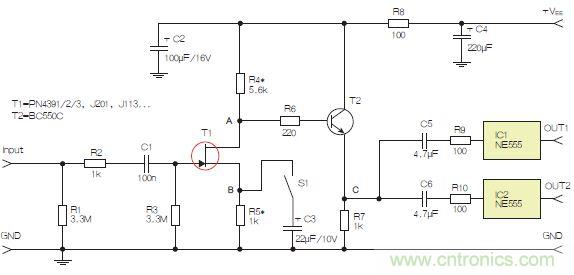 图3：采用两个工作在不同频率下的555定时器电路，以获取不同的音效。