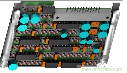 F-16战斗机的雷达干扰装置PCB，在所有的零组件下方有一个铝制散热器；千万别让机械工程师为了散热器设计而自作主张布局PCB，以免牺牲电子能。