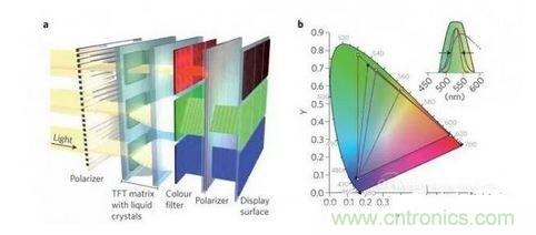  LCD显示器示意图。TFT表示薄膜晶体管（thin-film transistor）。
