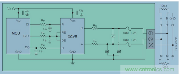在高暴露环境中的RS-485总线的电路?；な疽馔贾?，上图类似&ldquo;Z&rdquo;字形的符号可代表多种过压?；そ饩龇桨?，包括Q2L系列SIDACtor?；ぞд⒐?图7)。