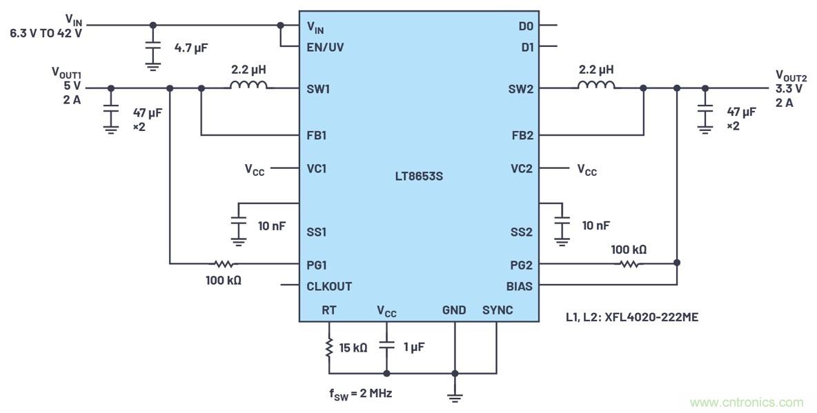 具有6.2 µA静态电流的双通道、42 V、2 A、单片、同步降压型Silent Switcher 2稳压器