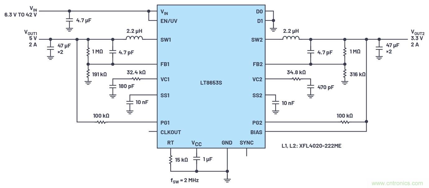 具有6.2 µA静态电流的双通道、42 V、2 A、单片、同步降压型Silent Switcher 2稳压器