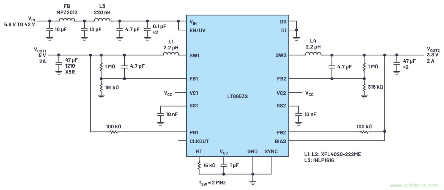 具有6.2 µA静态电流的双通道、42 V、2 A、单片、同步降压型Silent Switcher 2稳压器