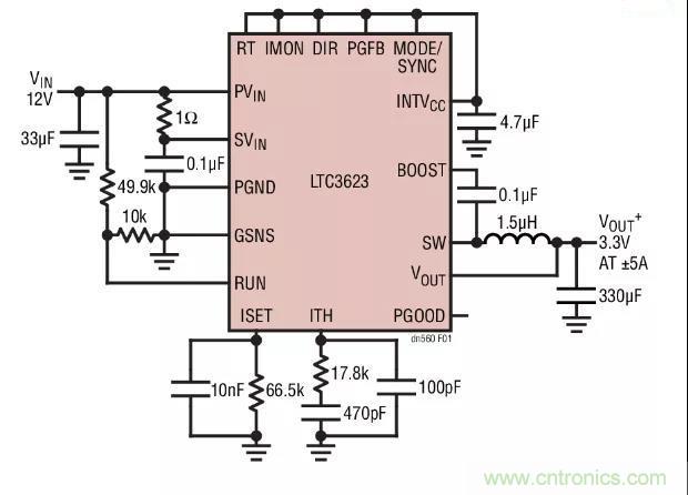 高效率、15V 轨至轨输出同步降压型稳压器能提供或吸收 5A