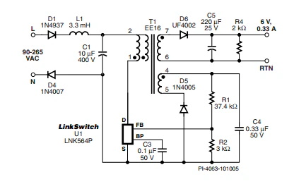 LinkSwitch-LP 系列旨在取代手机/无绳电话、PDA、数码相机和便携式音频播放器等应用中输出功率 < 2.5 W 的低效线频线性变压器电源。LinkSwitch-LP 还可用作白色家电等应用中的辅助电源。  LinkSwitch-LP 将高压功率 MOSFET 开关与 ON/OFF 控制器集成在一个设备中。它完全由漏极引脚自供电，具有低 EMI 的抖动开关频率，并且具有全面的故障?；?。自动重启可限制过载和输出短路条件下的器件和电路耗散，而迟滞过温?；せ嵩谌裙收掀诩浣媚诓?MOSFET。EcoSmart 技术使设计能够轻松实现 < 150 mW 的空载功耗，满足能源效率要求。  LinkSwitch-LP 的设计目的是在输出功率低于 2.5 W 时无需初级侧钳位电路，从而显着减少组件数量和总系统成本。图 1 显示了基于 LinkSwitch-LP 的 2 W 电源，不带初级侧钳位。LinkSwitch-LP 系列经过优化，当变压器上的辅助或偏置绕组提供反馈时，可提供近似的 CV/CC 输出特性。这非常适合取代工频变压器的应用，提供兼容的输出特性，但过载、短路电流和输入线电压变化较小。  　  在无钳位设计中使用 LinkSwitch-LP 的基本电路原理图。  快速开始  　 LinkSwitch-LP 反激式设计流程图