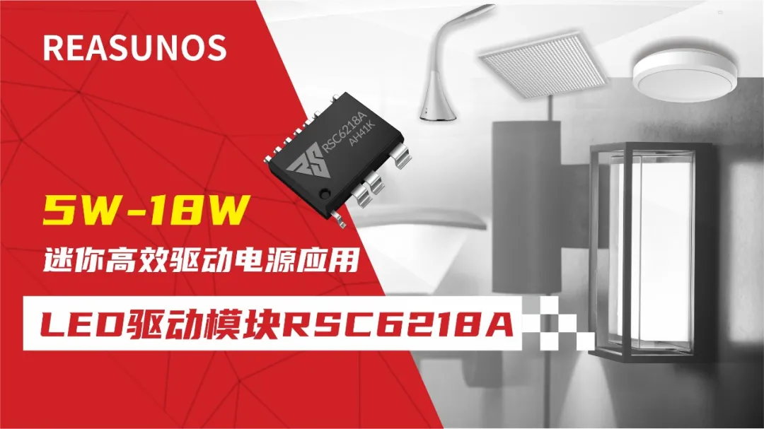 一、LED驱动?？镽SC6218A REASUNOS(瑞森半导体)通过持续投入研发，提升LLC应用技术，集成控制芯片与功率转换，成功推出新一代产品RSC6218A WSOP-16，延续瑞森LLC拓扑方案，时机趋势完全迎合我国双碳政策，电气特性契合新版国标GB/T 17625.1-2022和欧盟新版ERP认证EU2019/2020双重法规，专为中小功率的产品提供优秀的方案；接下来会分几个篇章持续介绍新方案产品的应用资料和设计实例分享：  RSC6218A功率模块内部集成CS-CP-LLC电源半桥?？楹凸β首荒？椋有鹕魈馍杓品较虻ゼ妒迪指逷F无频闪技术和LLC谐振软开关技术方案：该型号适用于5-18W功率段；具备高转换效率(90%+)，高PF(>0.96)，低THD(<10%)，小型化(缩小PCB面积10-25%)，通过优化产品内部设计提升产品内部功率器件的开启与关闭性能，避免干扰发生，最高工作频率达200KHZ，实现WSOP-16封装兼顾散热与小型化；并且内部可自动设置死区时间，让方案可靠易设计。 产品可广泛应用于： 1.护眼系列灯具：如教室灯、办公灯、护眼台灯、壁灯、阅览室灯等； 2.家居类灯具：如客厅灯、卧室灯、儿童房灯、厨房灯、走廊灯等； 3.轨道类灯具：地铁照明、高铁照明、隧道照明、车站照明等； 4.商照类灯具：筒灯、射灯、投射灯、 亮化灯、防爆灯等； 方案起到提供高效，稳定，长寿命的作用。 二、产品功能框架  三、IC各PIN脚功能说明  PIN1 PGND 功率地，内部是连接低边MOS的S端地线； PIN2  NC  PIN3  HS 半桥MOS低边漏极PIN； PIN4  HS 半桥MOS低边漏极PIN； PIN5  HS 半桥MOS高边源极PIN； PIN6  HS 半桥MOS高边源极PIN； PIN7  NC  PIN8  HO 半桥MO高边漏极； PIN9  HO 半桥MOS高边漏极； PIN10 HB 半桥驱动高边电源，通过外置的一个二极管与电容组成自举回路，为高边 MOS 的开启提供电平； PIN11 VIN 高压启动的输入脚，最高耐压可达DC600V，启动电流在1.7mA，一般应用是从高压电解处串接一个1206100K电阻引到PIN1，在整个环路还未建立起来时，是靠这个引脚的供电通过内部连接到PIN6VCC，然后把VCC电容慢慢充电到芯片的启动电压后，芯片开始工作。整个环路建立起来后，VIN脚内部关断，VCC 通过外部变压器辅助绕组供电维持正常工作； PIN12  VCC 信号电源引脚， 工作电压范围 8-20V，工作电流在 0.8mA，静态工作电流是 720uA； PIN13  NC DT悬空脚； PIN14 FB  电压反馈输入，VFB中心值是1.2V，该引脚的功能主要是限定空载电压的最大幅度，该芯片空载?；な粲诖蜞媚Ｊ?，可以有效降低空载损耗，能效要求轻松符合小于0.5W的要求； PIN15  CS 电流采样正弦波信号输入该PIN脚是通过线路中的互感电感采样得到全波的正弦波信号， 通过电阻转换为电压信号后，输入到CS PIN脚， 内部连接到压控振荡器，根据输入进来的电压幅值大小，以及正弦波的频率，压控振荡器输出对应的方波来控制LG与HG端的MOS开关频率，实现恒流调节控制； PIN16  AGND 信号地参考电平，主要连接 VCC，FB 对应 PIN 脚的元件地线。 四、关键PIN脚参数设定范围  五、典型应用原理图  关注瑞森半导体公众号，接下来持续分享具体案例的设计参考文档，携手各伙伴们实现新版国标GB/T17625.1-2022的顺利达标，为工程师缩短开发周期，让工厂端得到满意的产品，给客户一个满意的答卷，得到需要的利润空间。